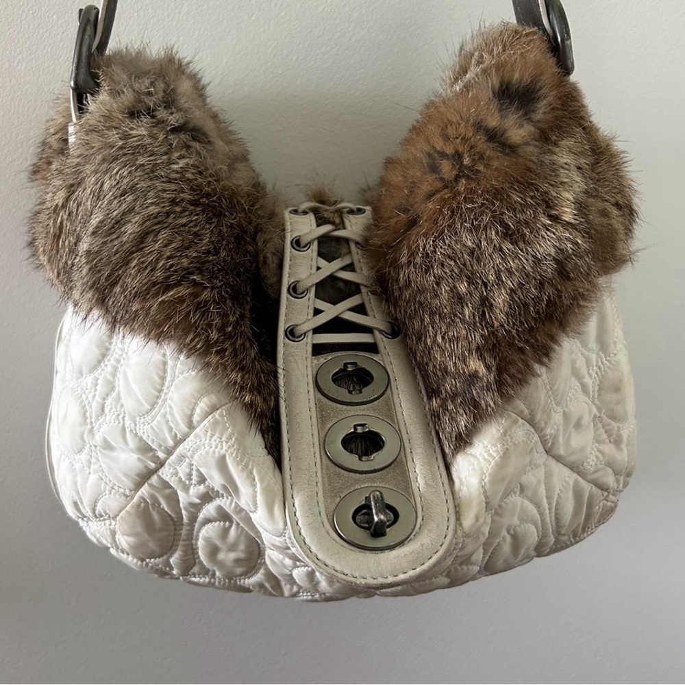 Coach White and Brown Fur-Trimmed Women's Bag